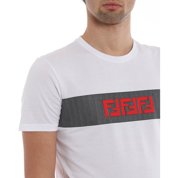 Fendi White Black Mesh Stripe Red FF Logo Short Sleeve Cotton T-Shirt Medium M - Picture 8 of 16